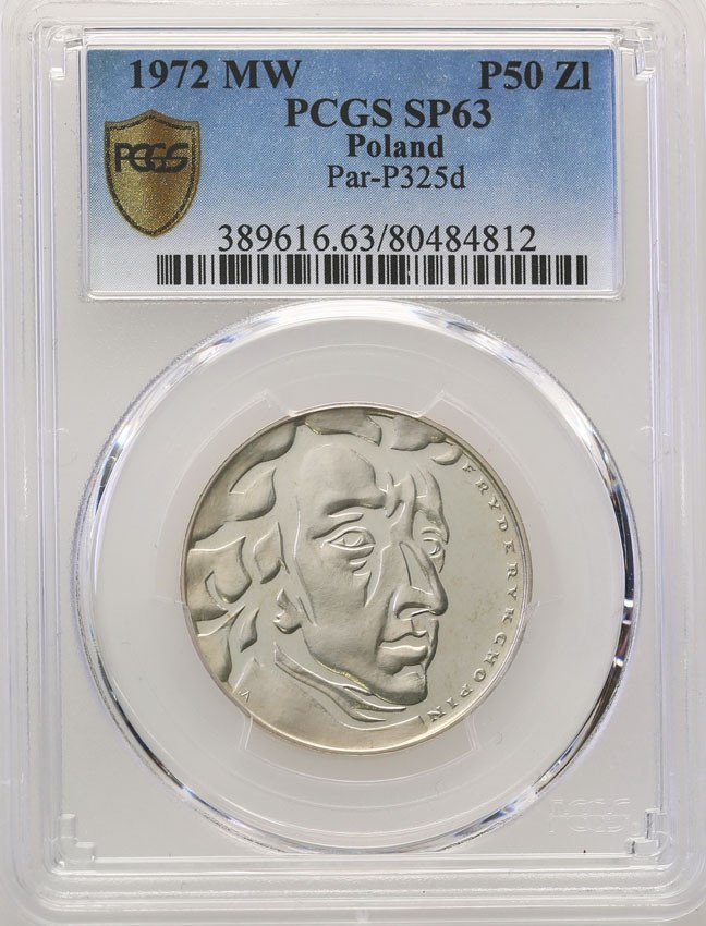 PRL. PRÓBA Srebro 50 złotych 1972 Chopin PCGS SP63